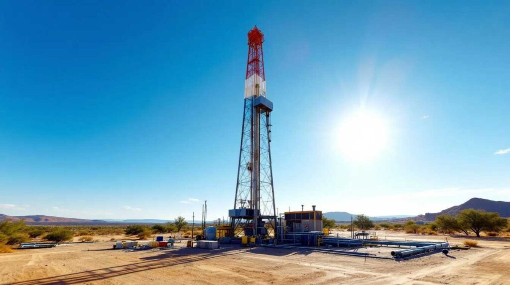 How To Invest Into Oil: Essential Tips For Investors - Domestic Drilling And Operating Oil drilling rig in a desert landscape under a clear blue sky.
